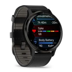 Andorra-Garmin Venu 3 Black Stainless Steel Bezel with Black Case and Leather Band 45mm